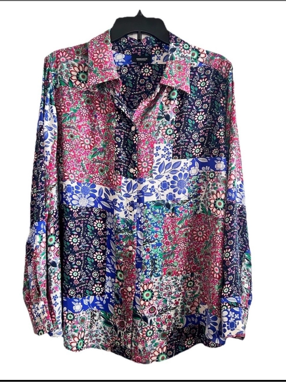 Jones New York Floral Patchwork Button-Down Blouse - Pink & Blue 1X